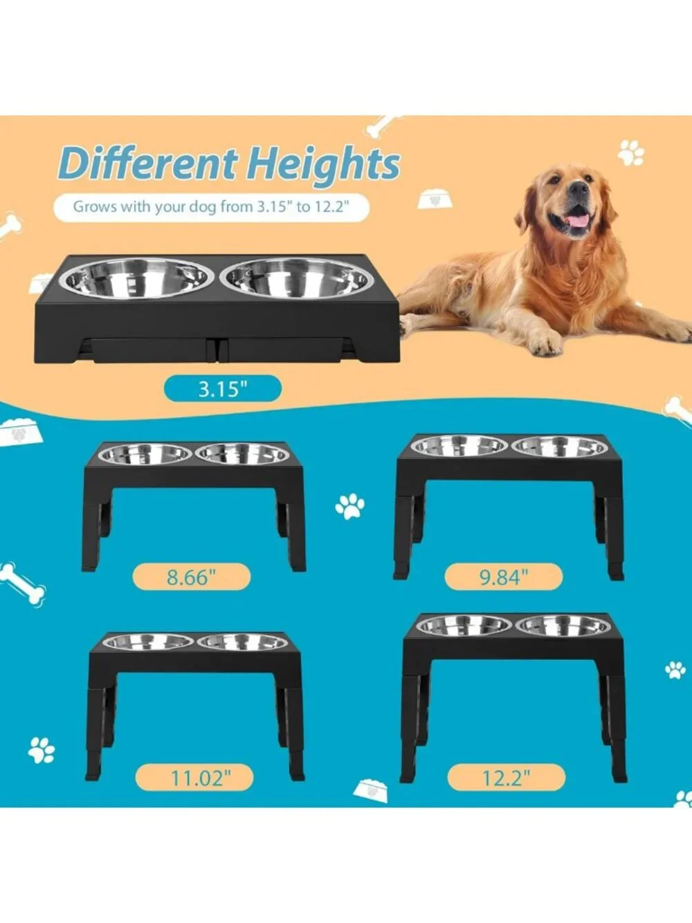Adjustable Elevated Dog Bowls with 2 Stainless Steel Bowls - 5 Height Options